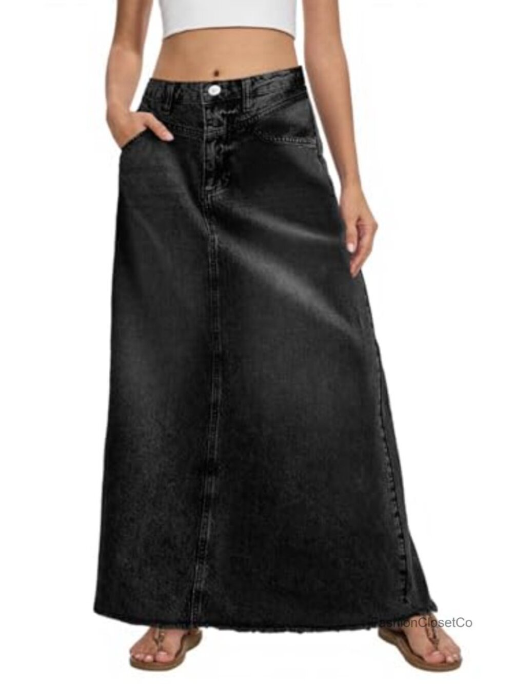 Fisoew Vintage Denim Maxi Skirt High Waist A-Line Frayed Hem with Pockets